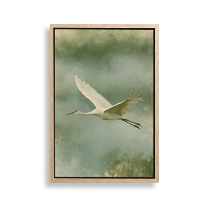 A white crane with outstretched wings is captured in flight against a backdrop of a cloudy sky.