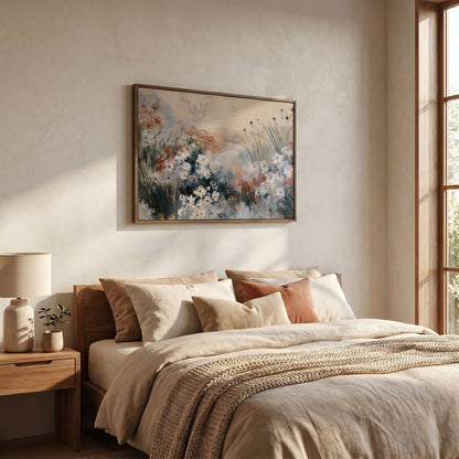 a serene and cozy bedroom with a large bed adorned with beige bedding and a framed painting of flowers hanging above it. The room has a warm and inviting atmosphere, with a window providing natural light and a lamp on a side table.