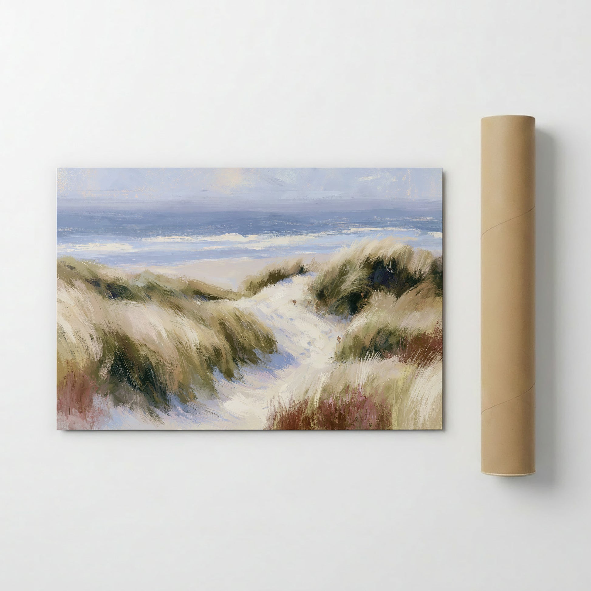 The image is a painting of a beach scene with sand dunes and a body of water in the background.