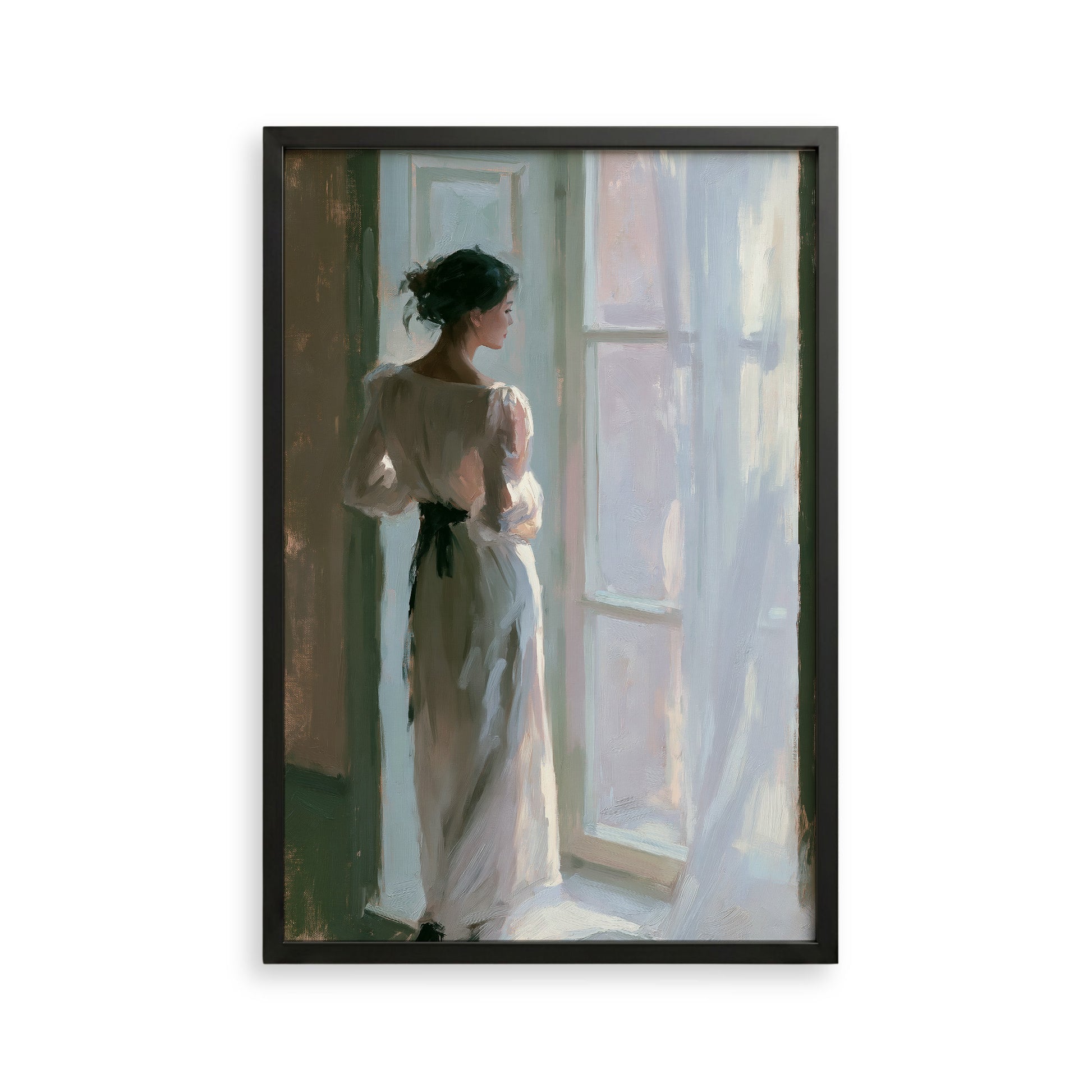 A woman in a long white dress stands in front of a window, gazing out at the world outside.
