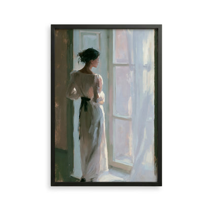 A woman in a long white dress stands in front of a window, gazing out at the world outside.