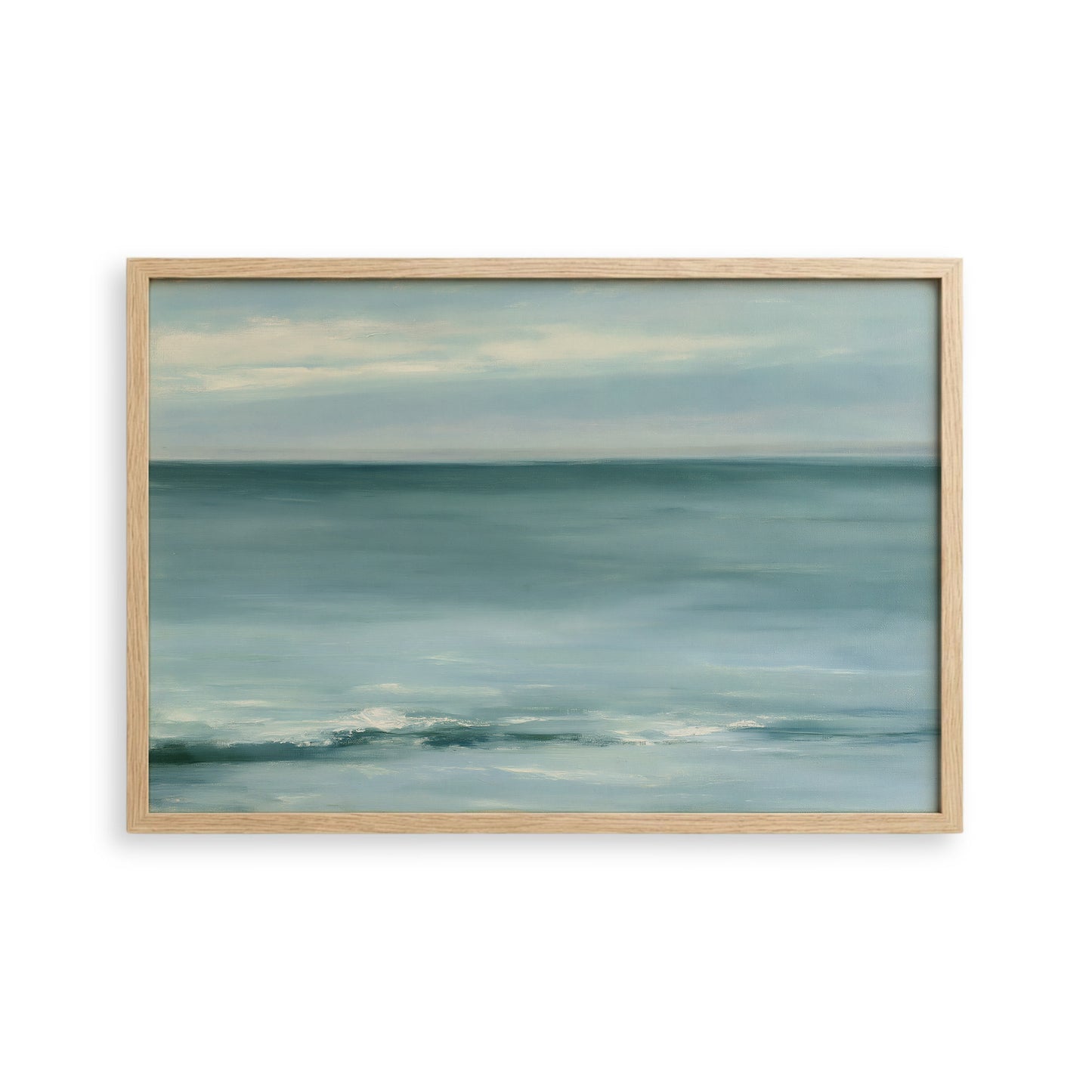 The image is a painting of a serene ocean scene, with a calm and tranquil atmosphere.