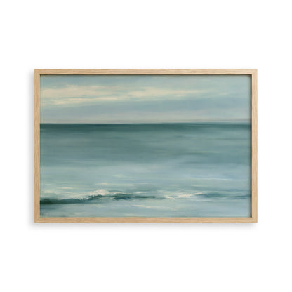 The image is a painting of a serene ocean scene, with a calm and tranquil atmosphere.