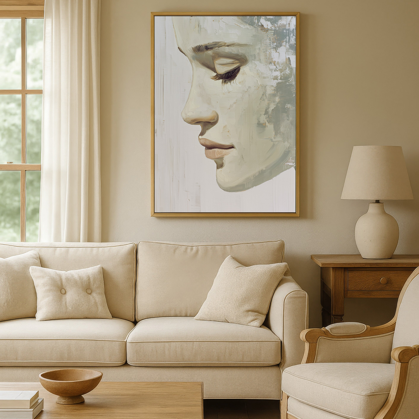 a cozy living room with a large framed portrait of a woman's face hanging on the wall above a beige sofa and armchair. The room has a warm, neutral color scheme with a wooden coffee table and a lamp providing soft lighting.
