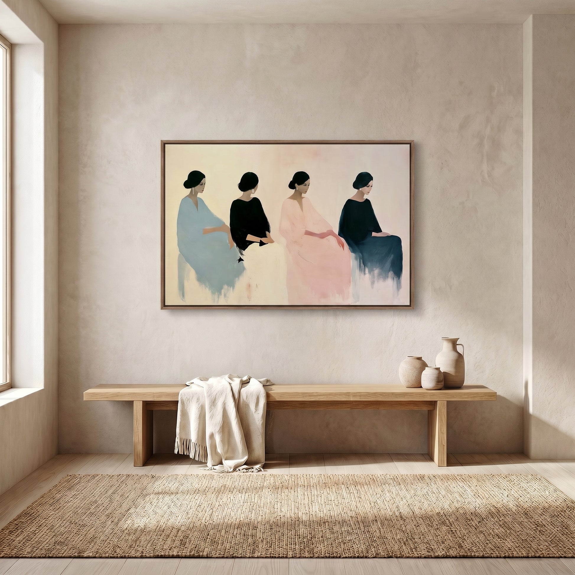 a large painting of four women in different colored dresses, hanging on a wall above a wooden bench.