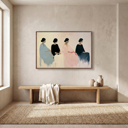 a large painting of four women in different colored dresses, hanging on a wall above a wooden bench.