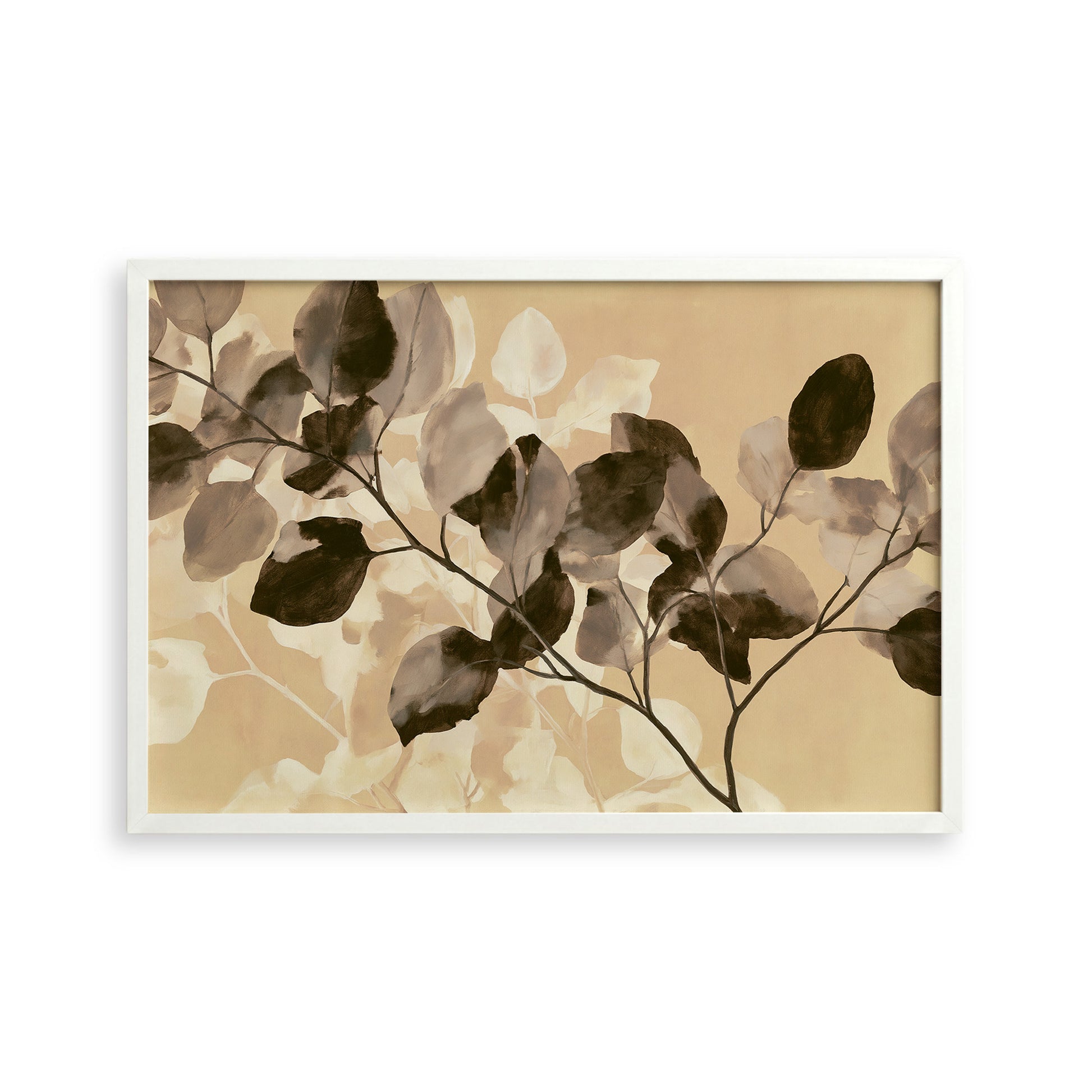 The image is a framed artwork depicting a close-up view of a branch with dark brown leaves against a light brown background.