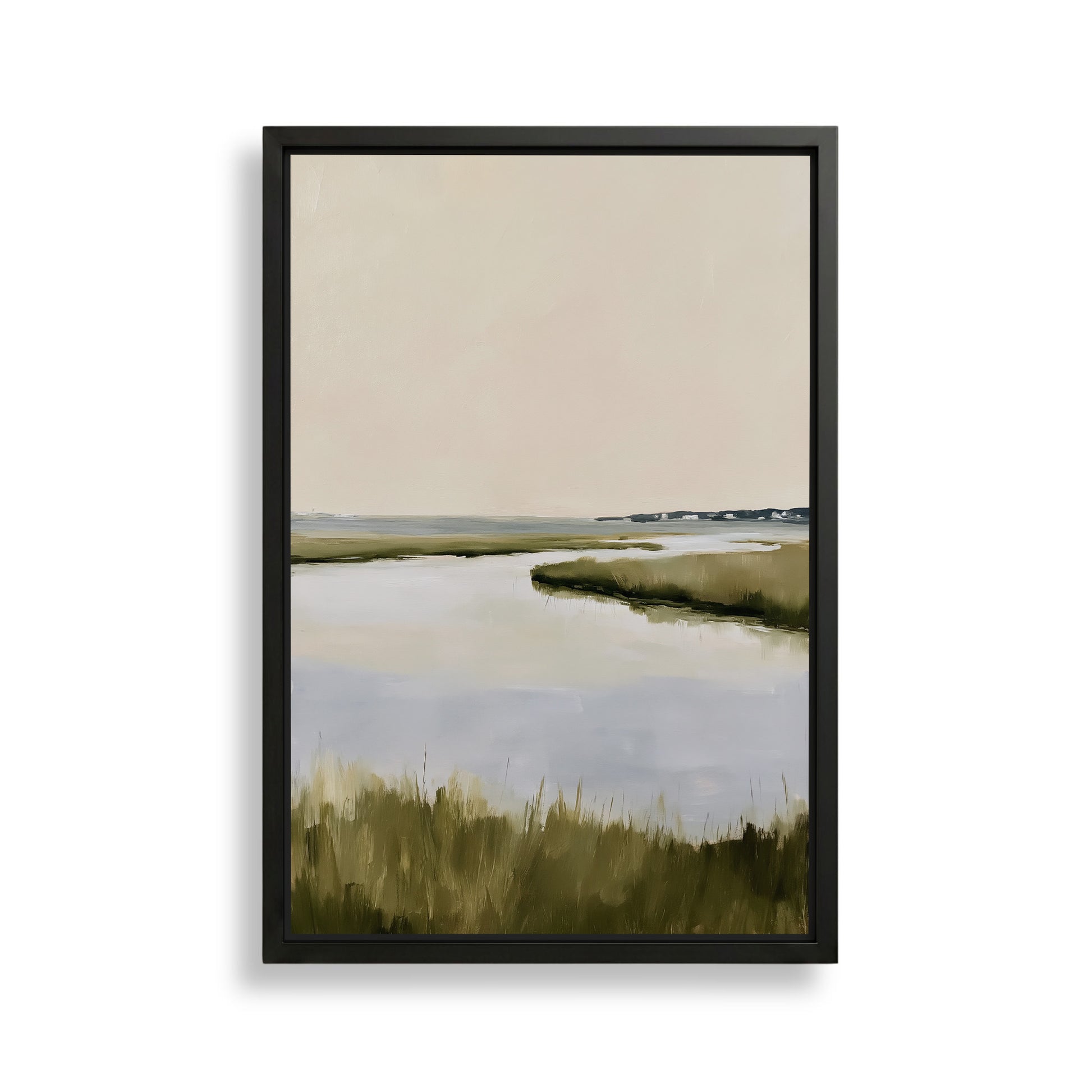 The image is a framed painting depicting a serene landscape with a body of water, grassy banks, and a hazy sky.