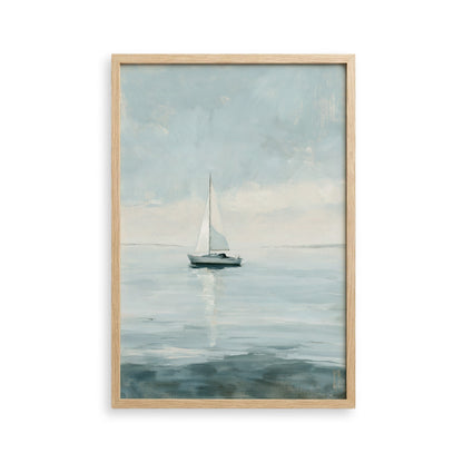 A framed painting depicting a sailboat on a calm body of water, with a cloudy sky in the background.