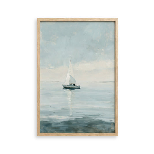 A framed painting depicting a sailboat on a calm body of water, with a cloudy sky in the background.