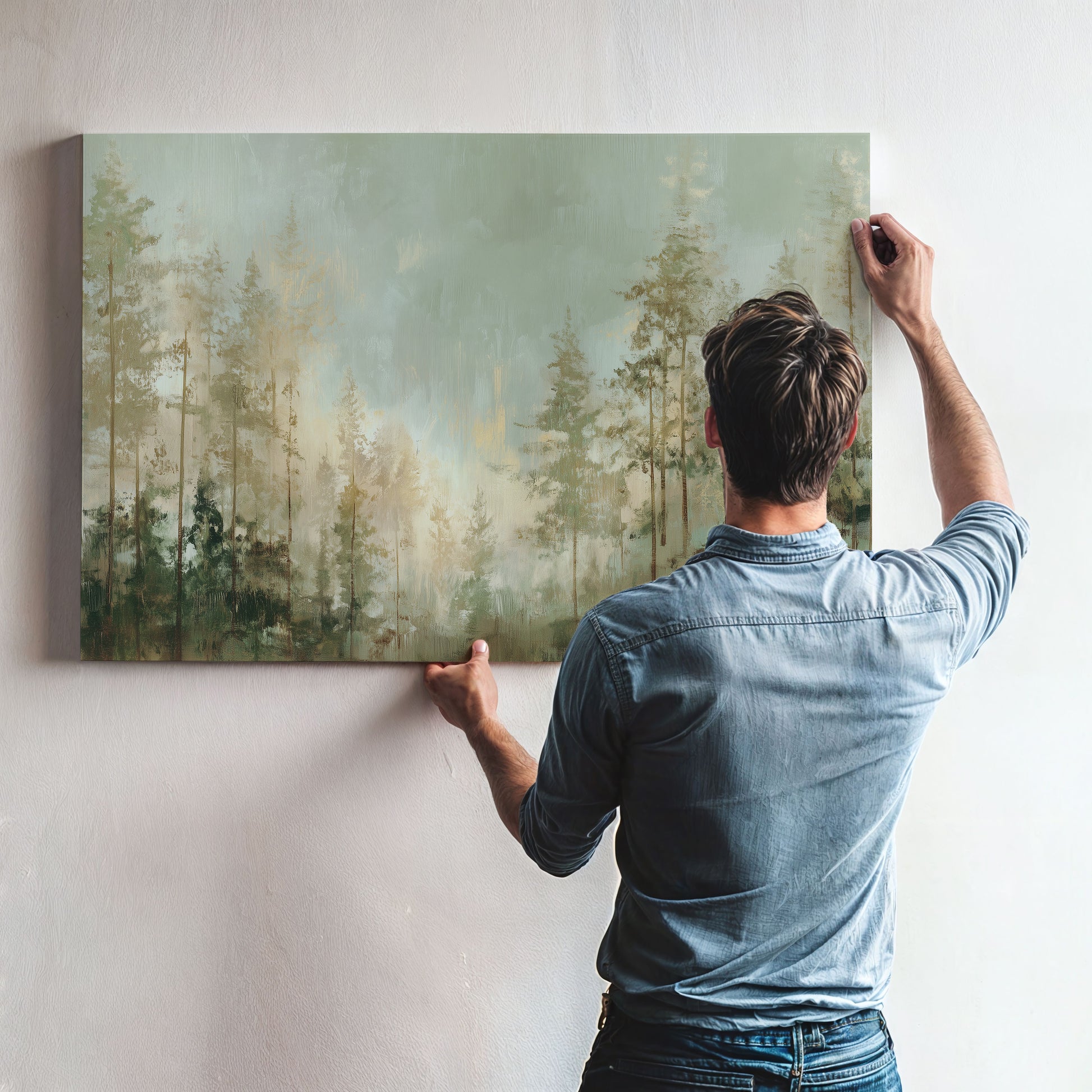 A man is hanging a large painting on a wall, which depicts a forest scene.