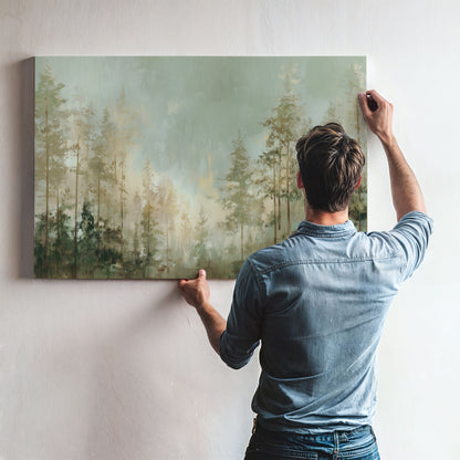 A man is hanging a large painting on a wall, which depicts a forest scene.