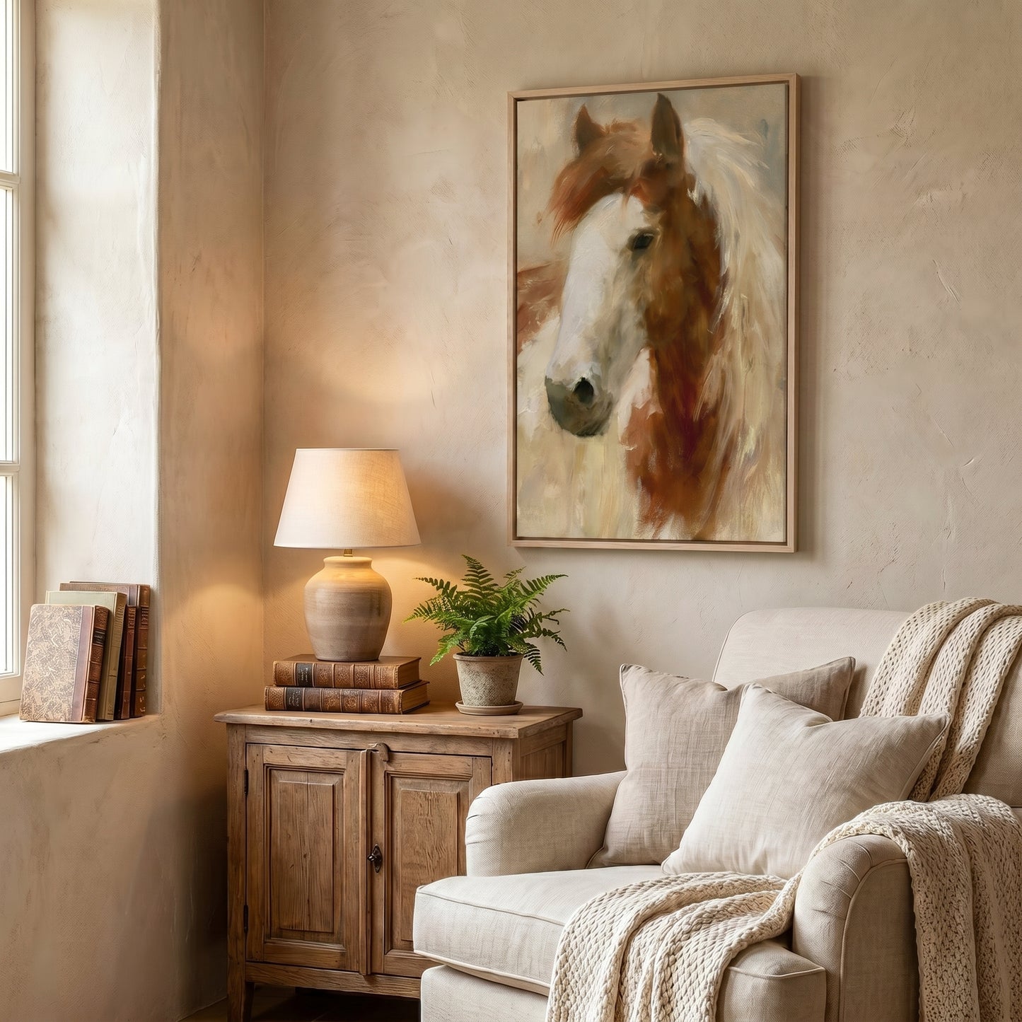 a cozy living room with a large painting of a horse's head hanging on the wall, a wooden side table with a lamp and books, and a beige armchair with a throw blanket.