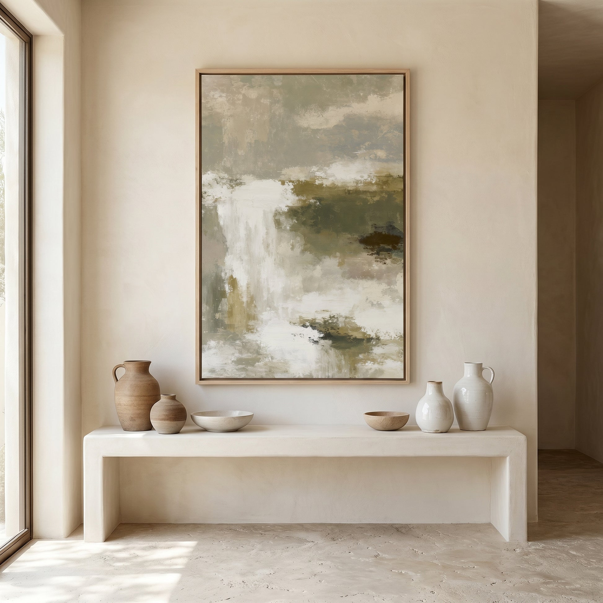 a minimalist interior design with a large abstract painting hanging on a white wall above a white table with three vases and two bowls on it.