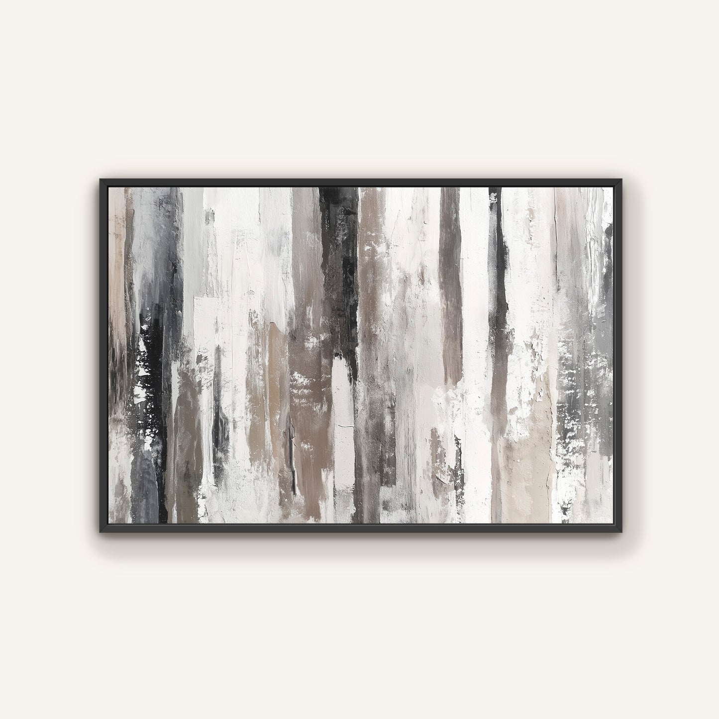 The image is a framed abstract painting with vertical lines in various shades of gray and white, creating a sense of depth and dimension.