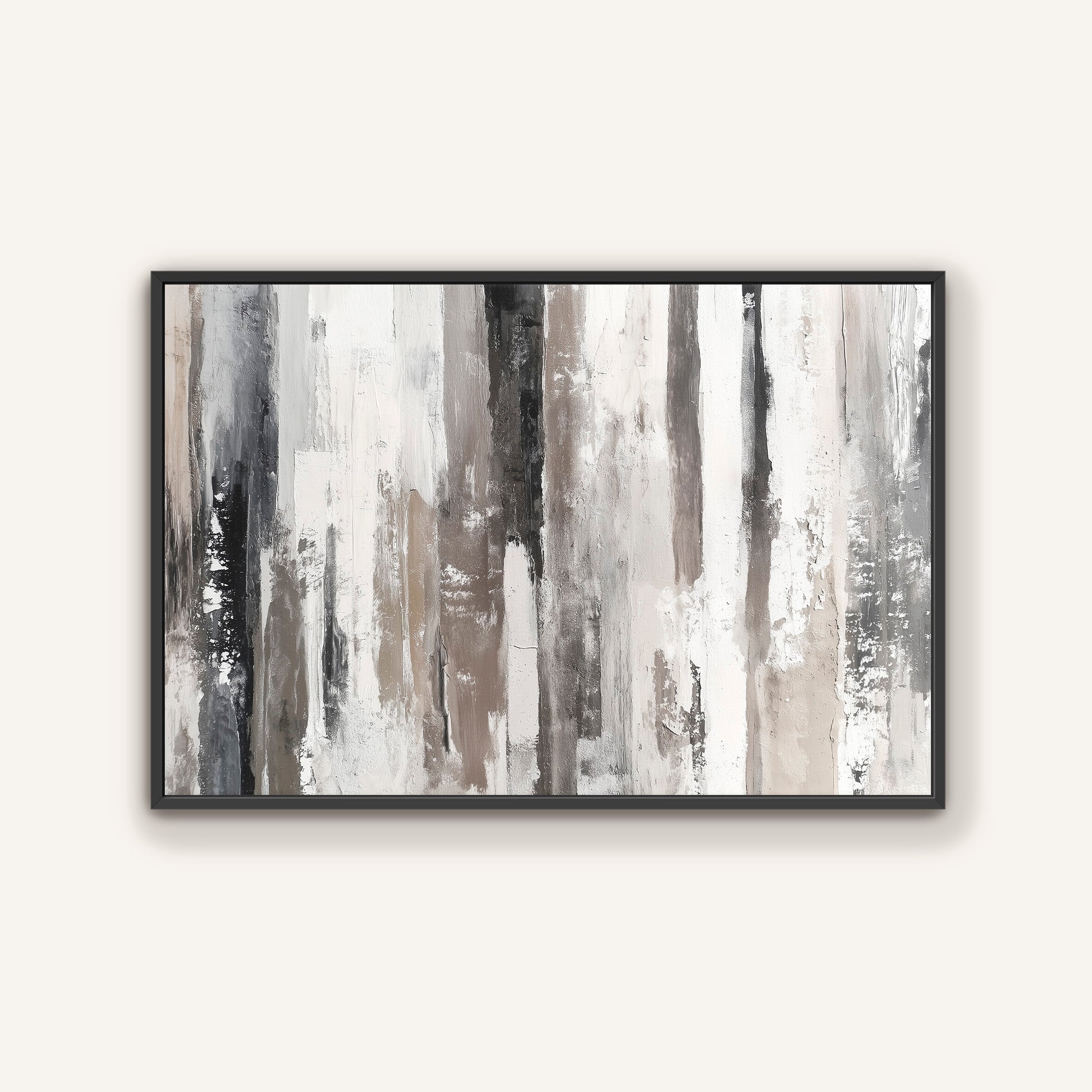 The image is a framed abstract painting with vertical lines in various shades of gray and white, creating a sense of depth and dimension.