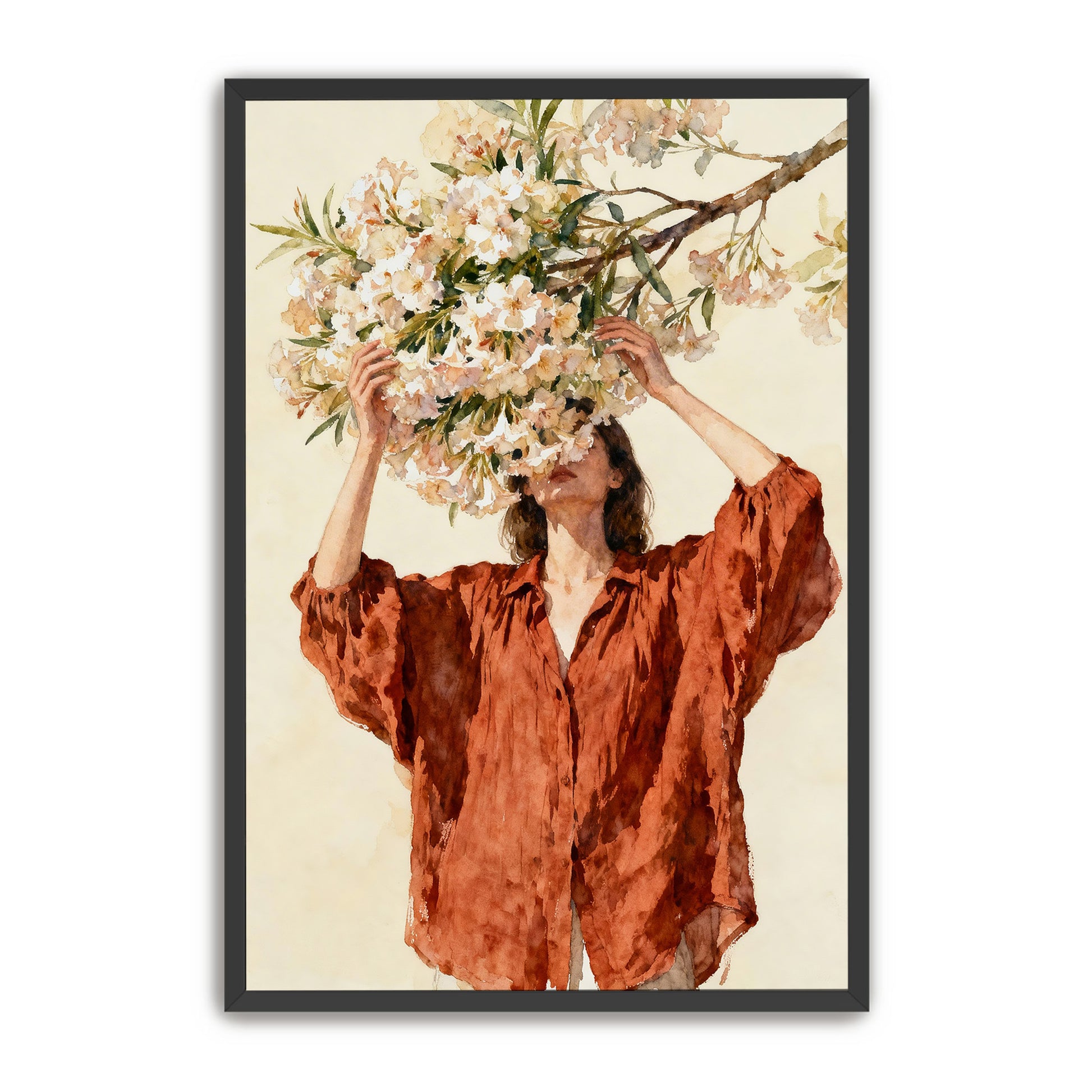 A woman in a red blouse stands in front of a tree with white flowers, holding the branches up to her face.