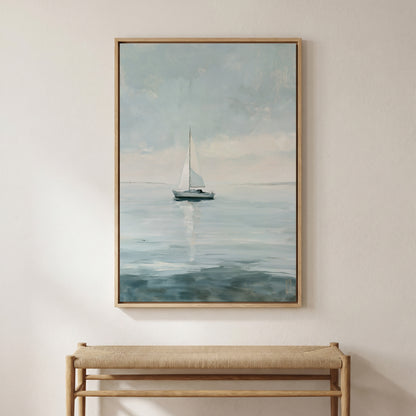 a large painting of a sailboat on the water, hanging on a wall above a wooden bench.