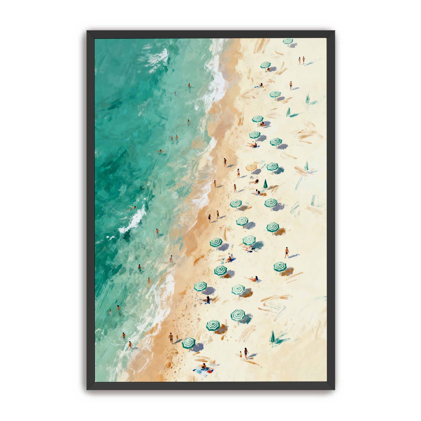 a beach scene with people enjoying the sun and sand, surrounded by numerous umbrellas providing shade.