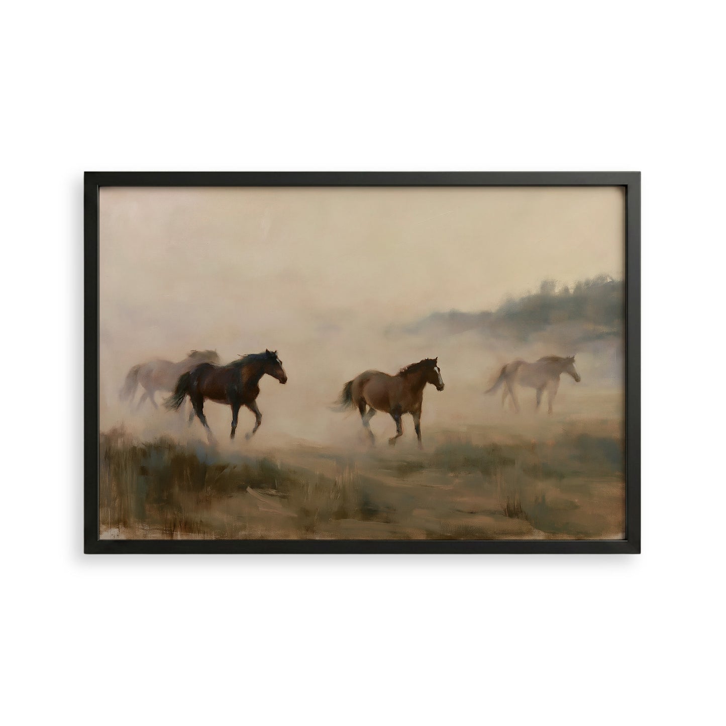 a group of horses running across a grassy field, with a hazy background.