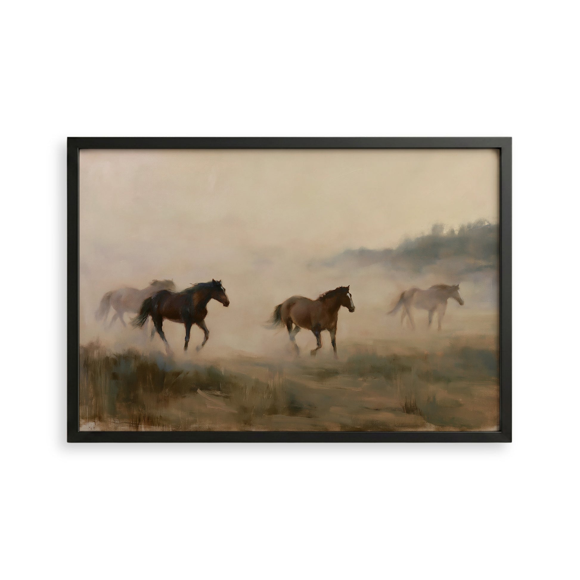 a group of horses running across a grassy field, with a hazy background.