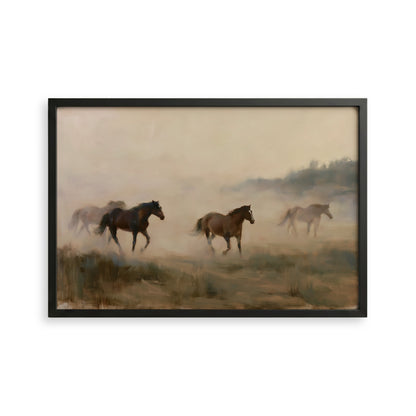 a group of horses running across a grassy field, with a hazy background.