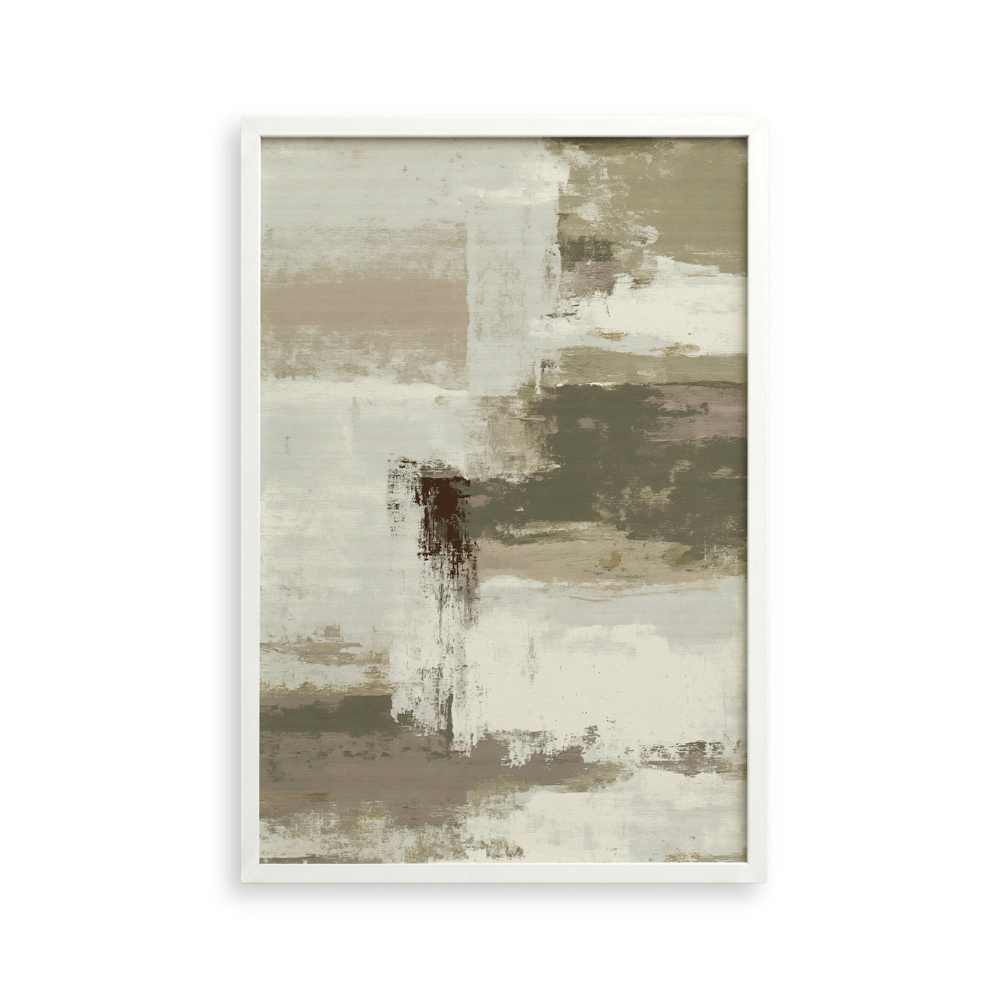 The image is a framed abstract painting with a predominantly brown and white color palette. The painting features a variety of brushstrokes and textures, creating a sense of depth and movement.