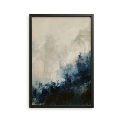 The image is an abstract painting with a predominantly blue and white color palette, featuring a landscape scene with trees and clouds.