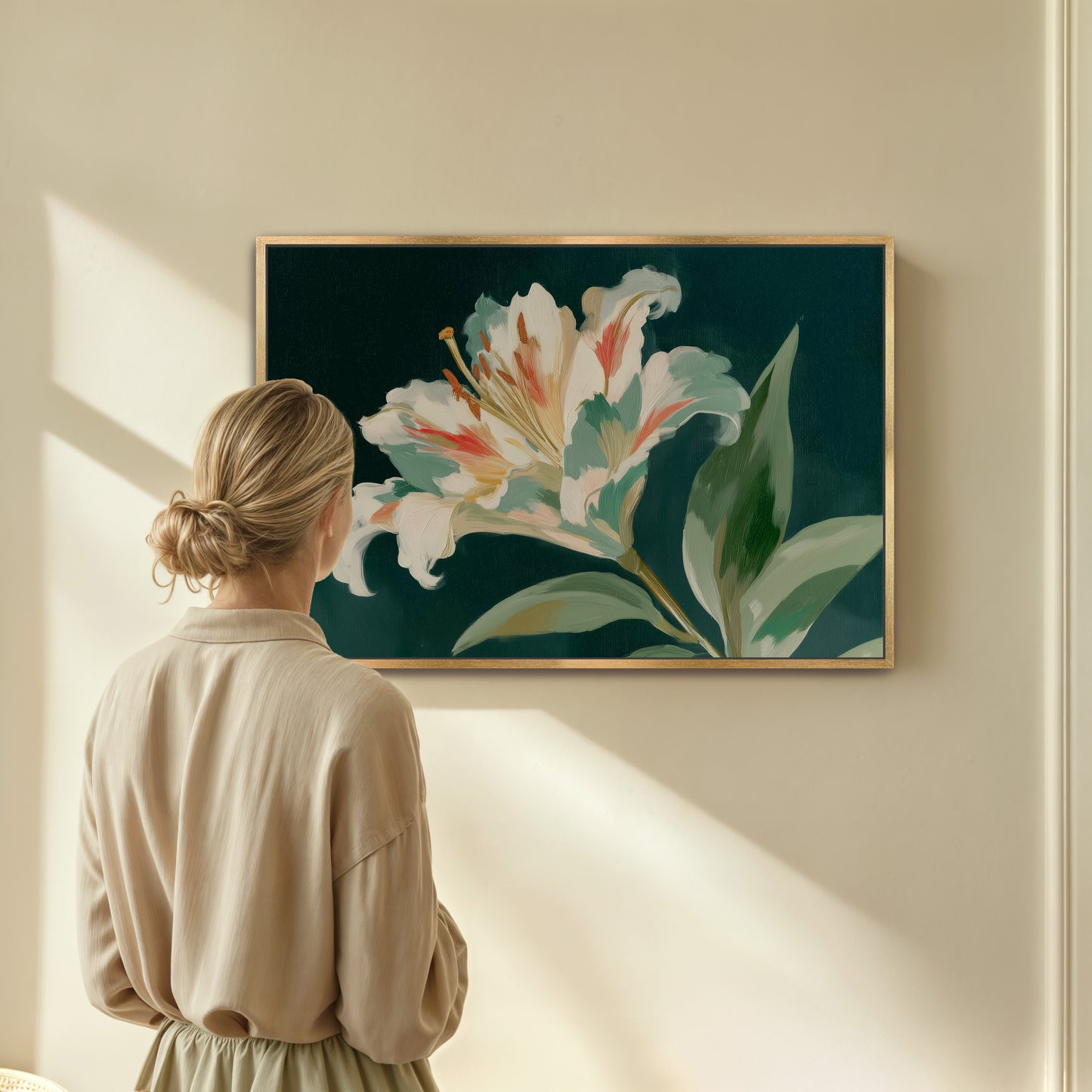 A woman is standing in front of a framed painting of a large white lily flower, admiring the artwork on the wall.