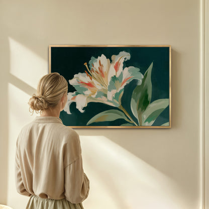 A woman is standing in front of a framed painting of a large white lily flower, admiring the artwork on the wall.