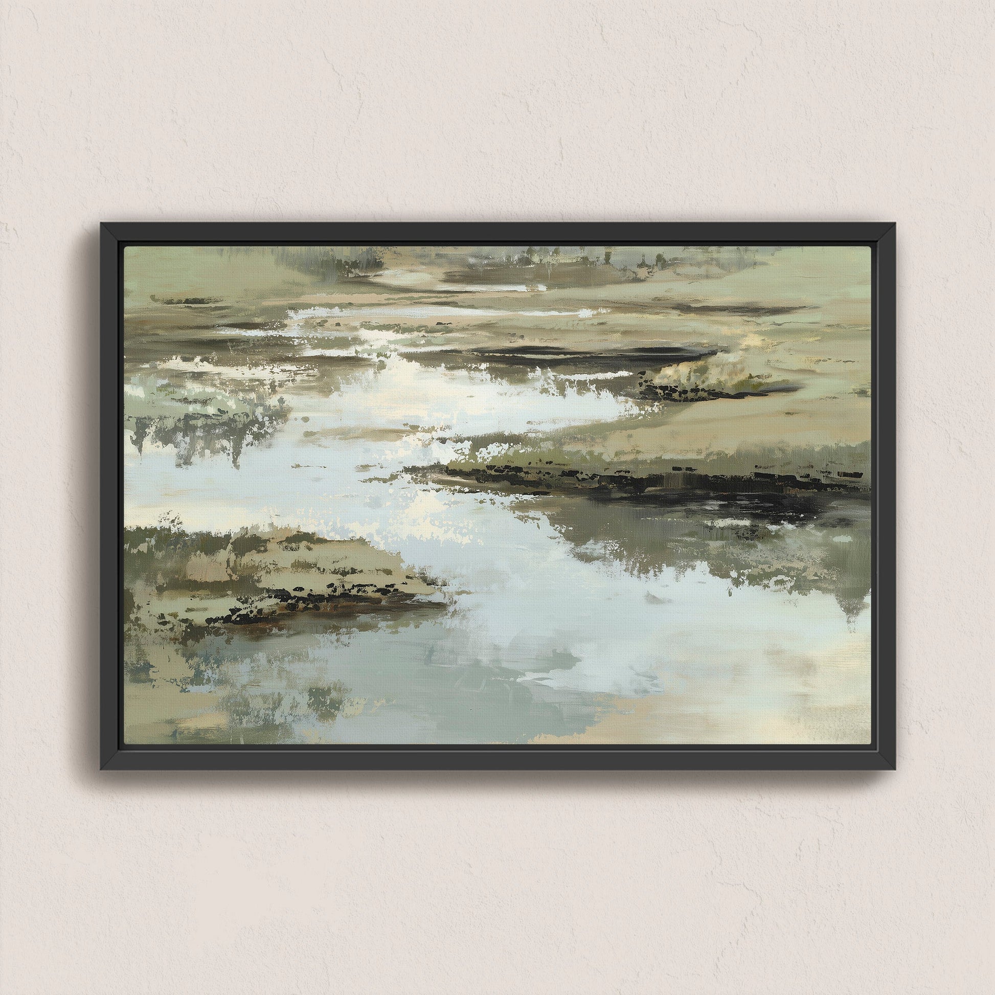 Reed Canvas Print featuring abstract water and earth scene in sage, sand, and ivory tones with black frame