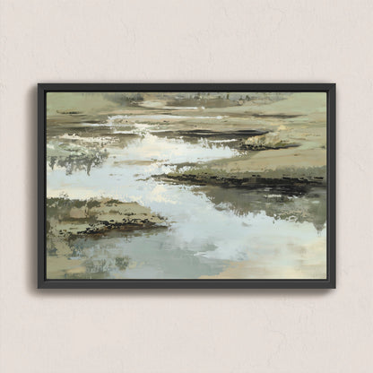 Reed Canvas Print featuring abstract water and earth scene in sage, sand, and ivory tones with black frame