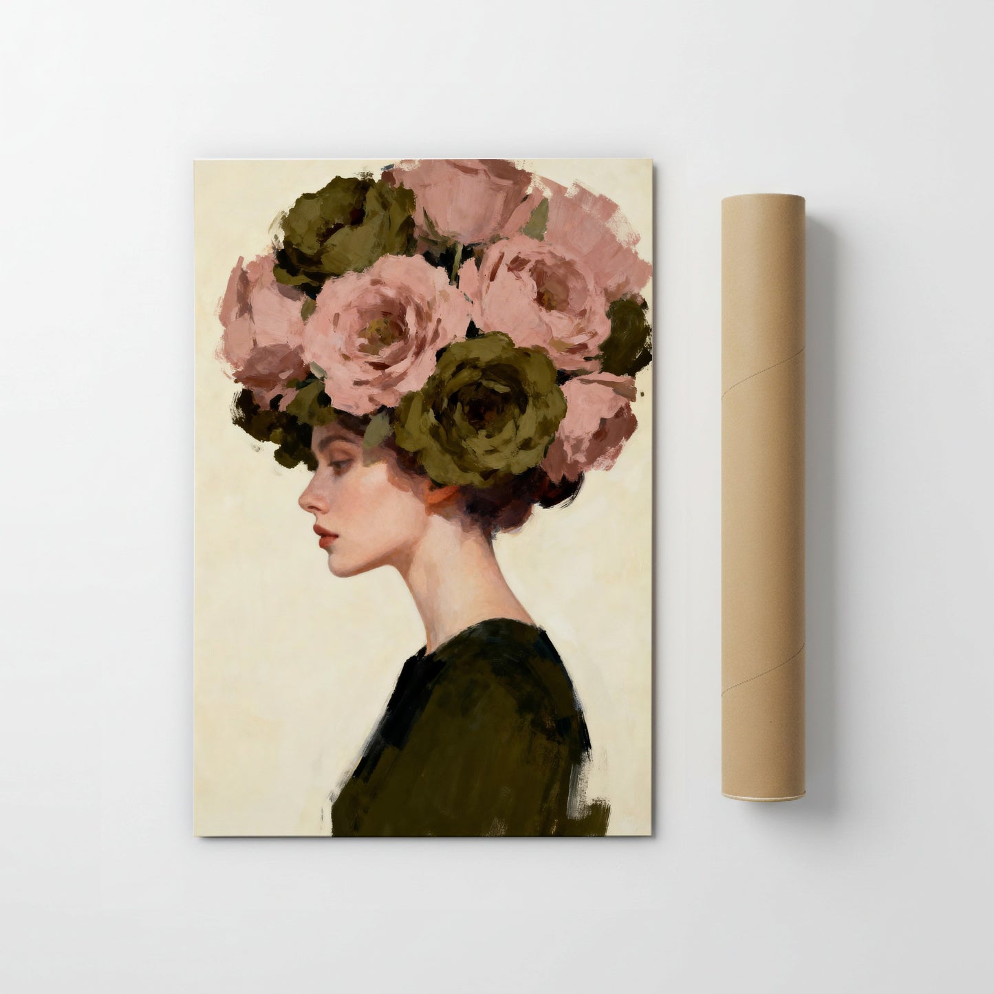 A painting of a woman with a large floral headdress, featuring a bouquet of pink and green flowers.