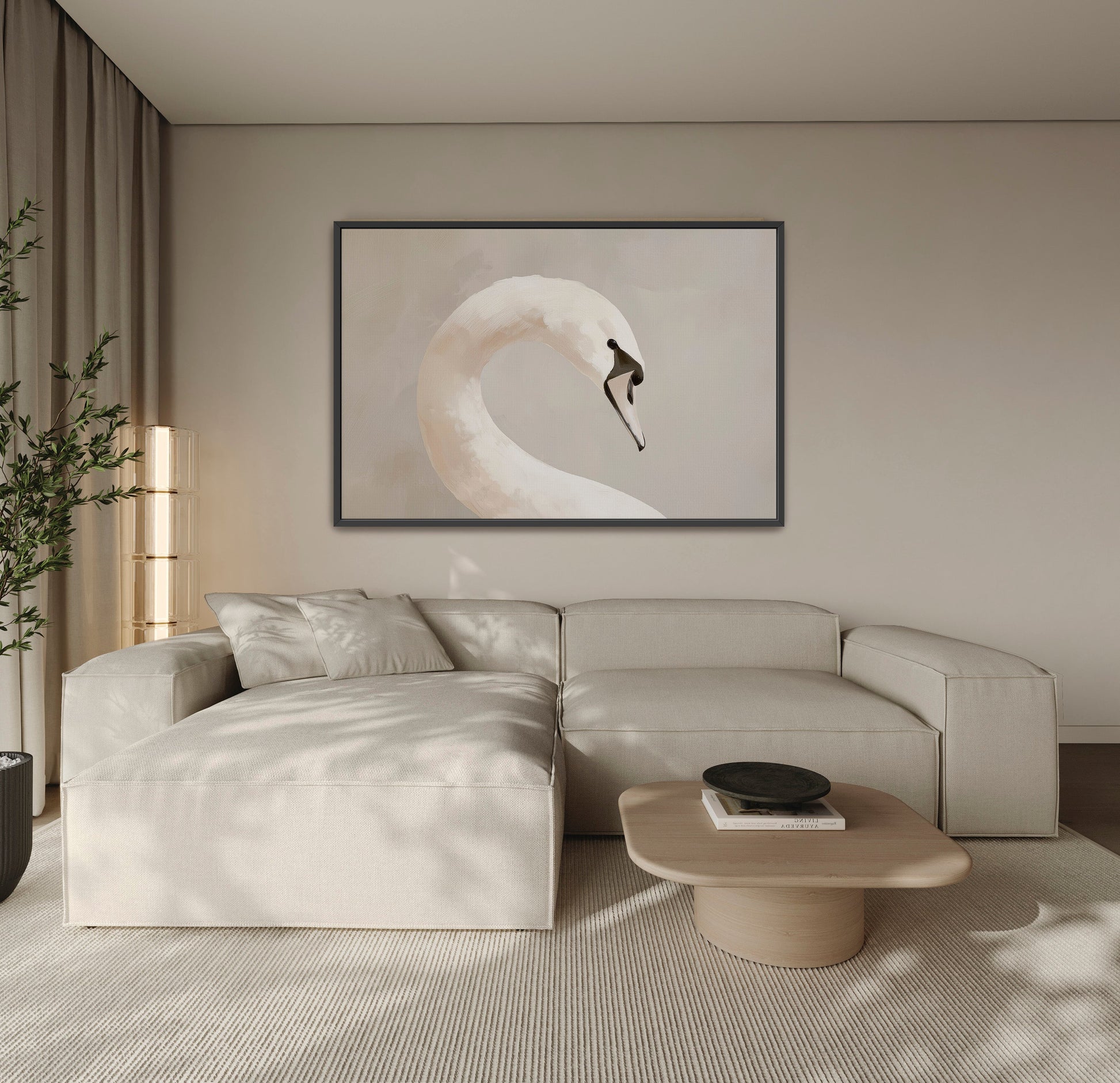 Lumine canvas print featuring a graceful swan in soft muted tones above a modern beige sofa in a minimalist living room