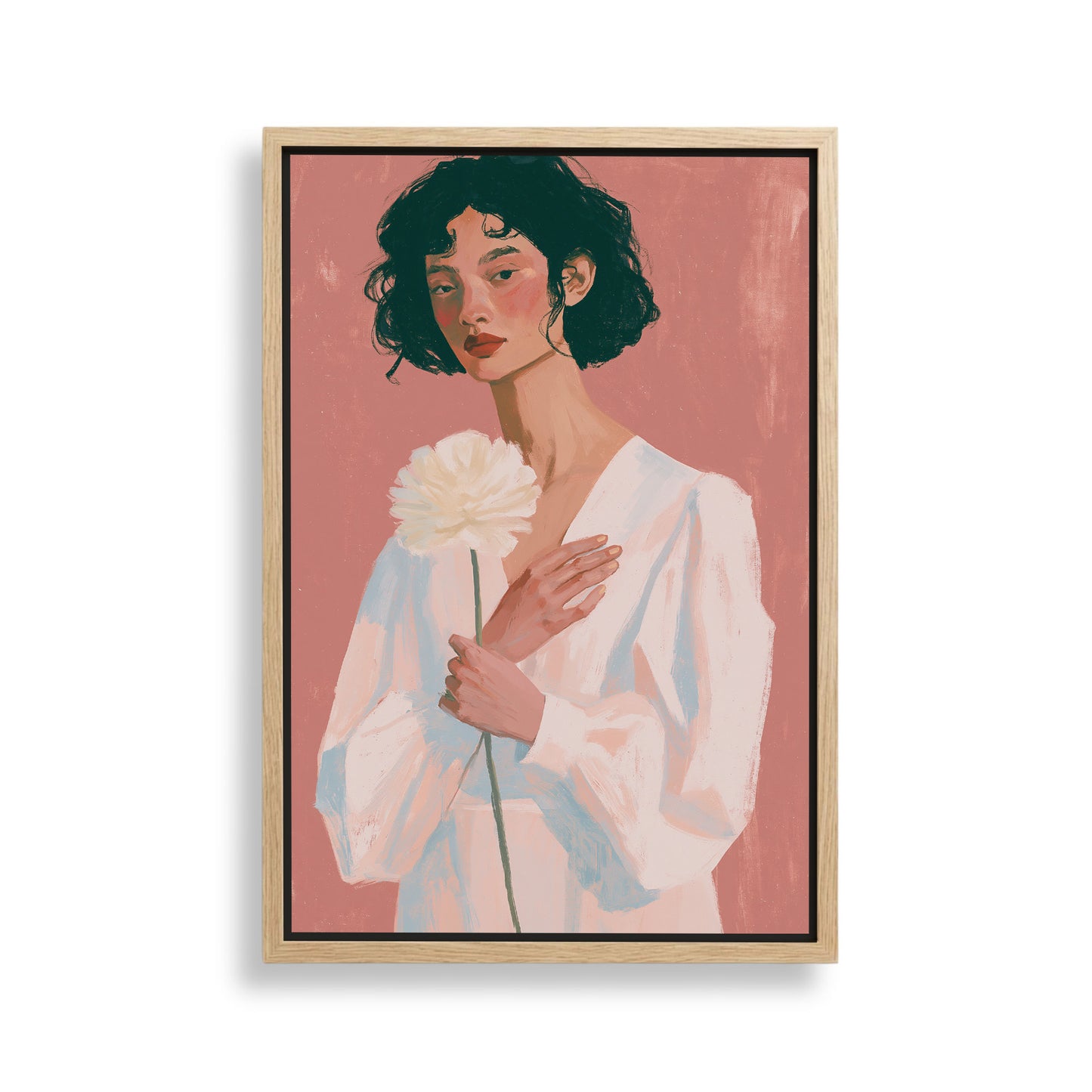 A woman with dark hair is holding a white flower in the image.