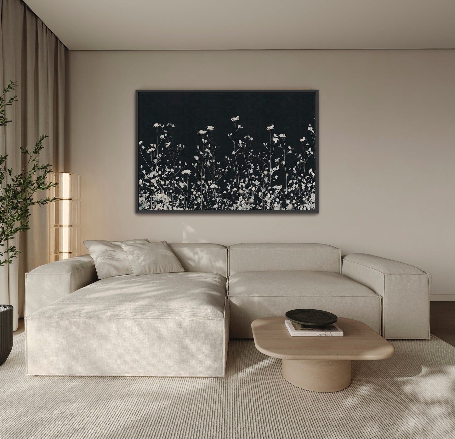 Noiré canvas wall art with white floral design on deep charcoal background in modern living room