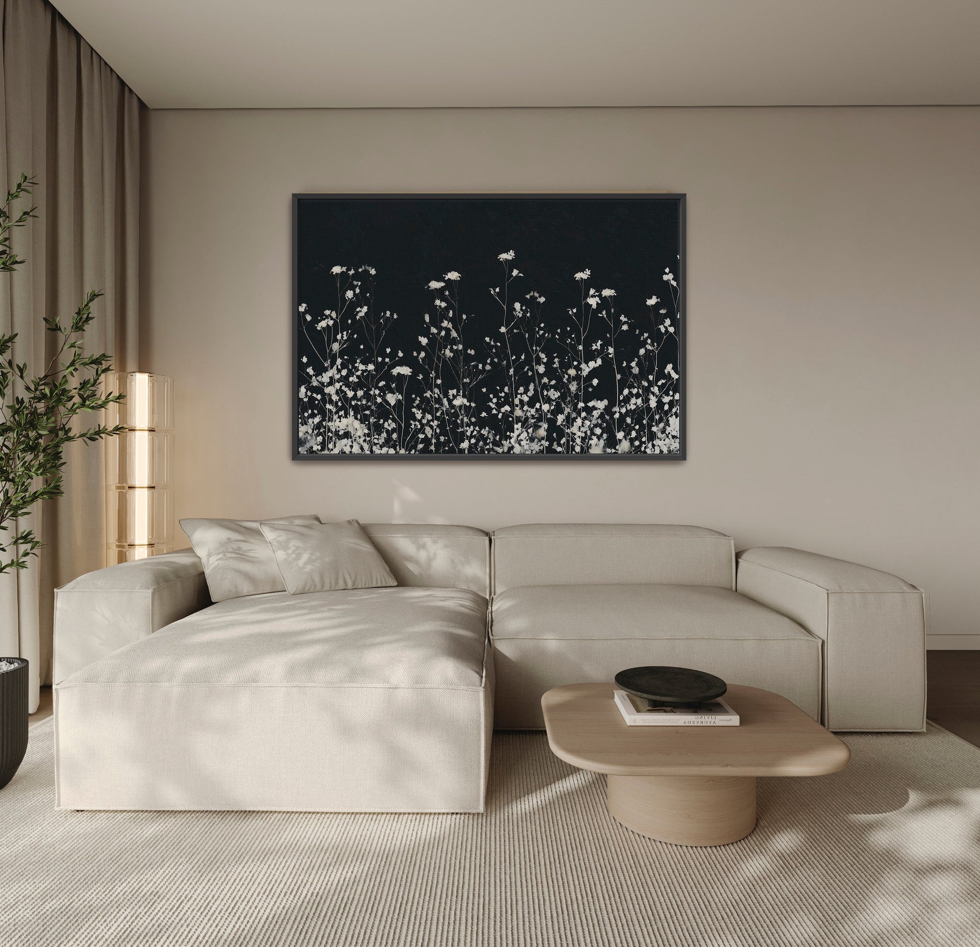 Noiré canvas wall art with white floral design on deep charcoal background in modern living room