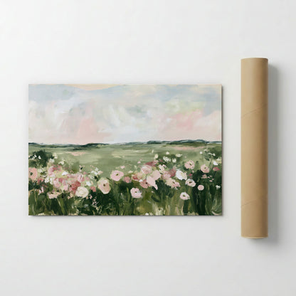 The image is a painting of a field with pink and white flowers.
