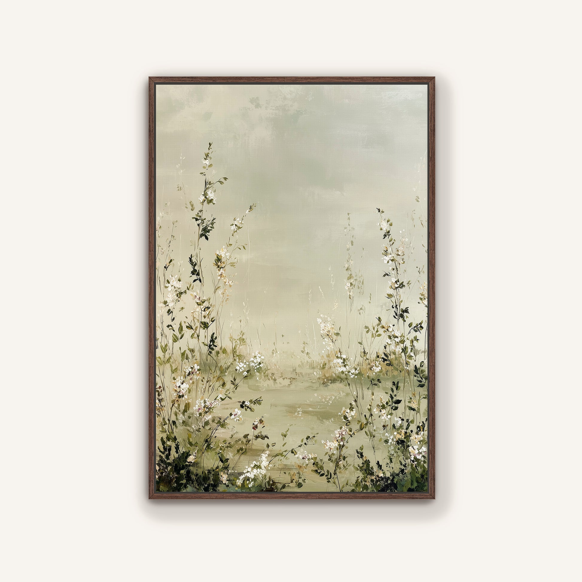 The image is a framed painting depicting a serene landscape with tall grasses and delicate white flowers against a pale green background.