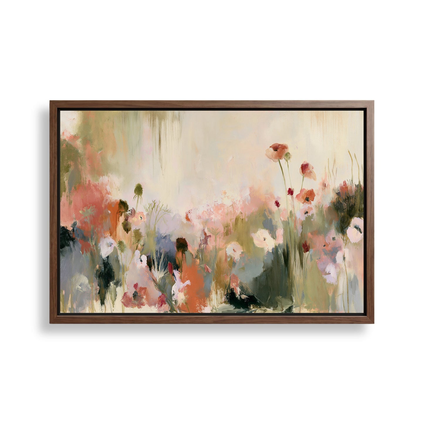 The image is a framed painting depicting a field of colorful flowers, including red, pink, and white blooms, set against a pale background.