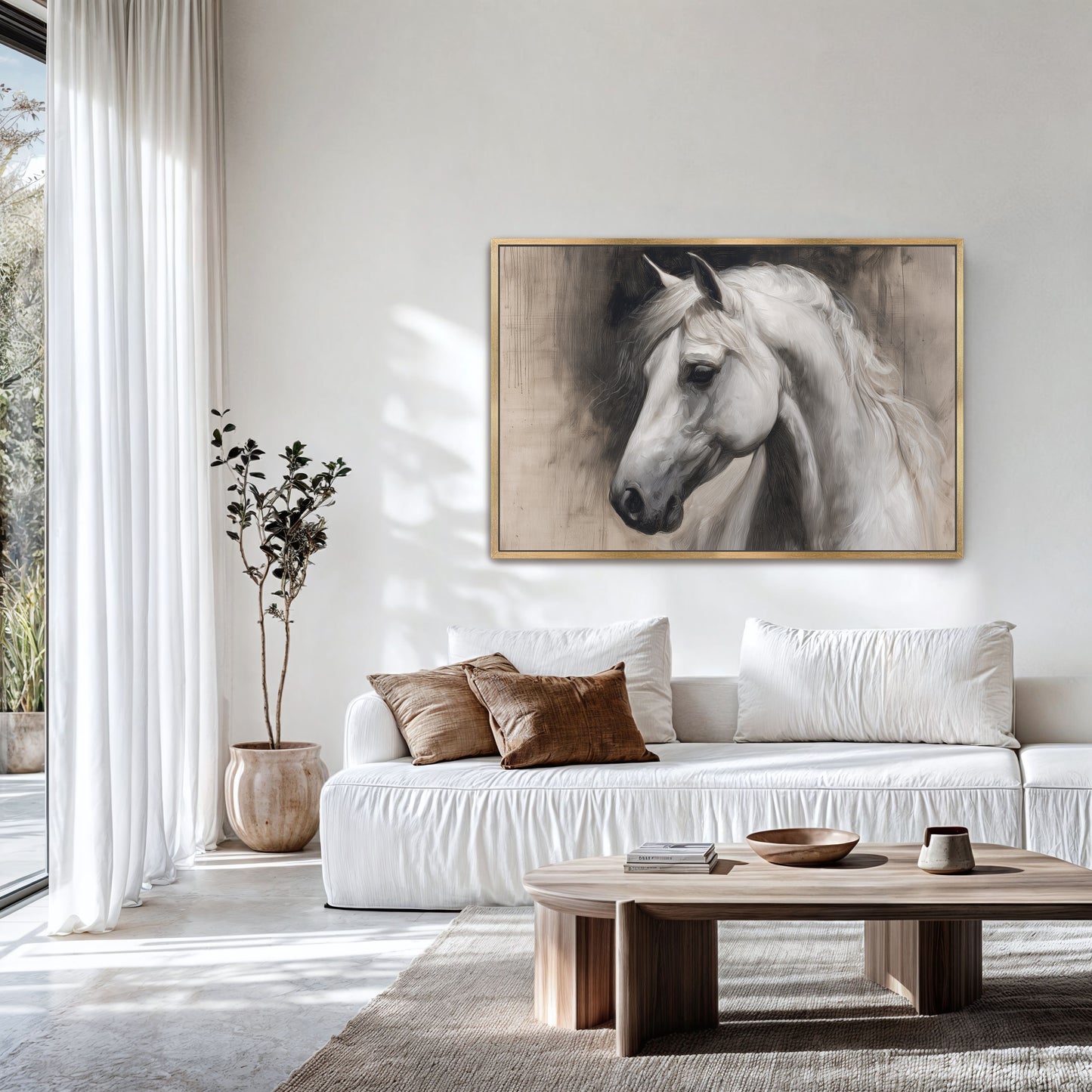 a living room with a large white sofa, a wooden coffee table, and a framed portrait of a horse hanging on the wall above the sofa.
