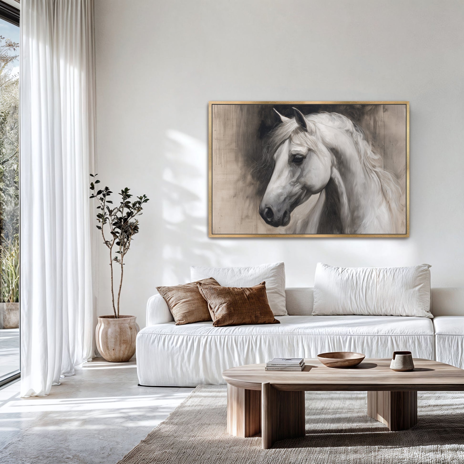a living room with a large white sofa, a wooden coffee table, and a framed portrait of a horse hanging on the wall above the sofa.