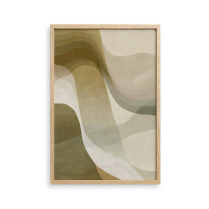 The image is a framed abstract artwork with a minimalist design featuring a series of overlapping curved lines in various shades of green and beige.