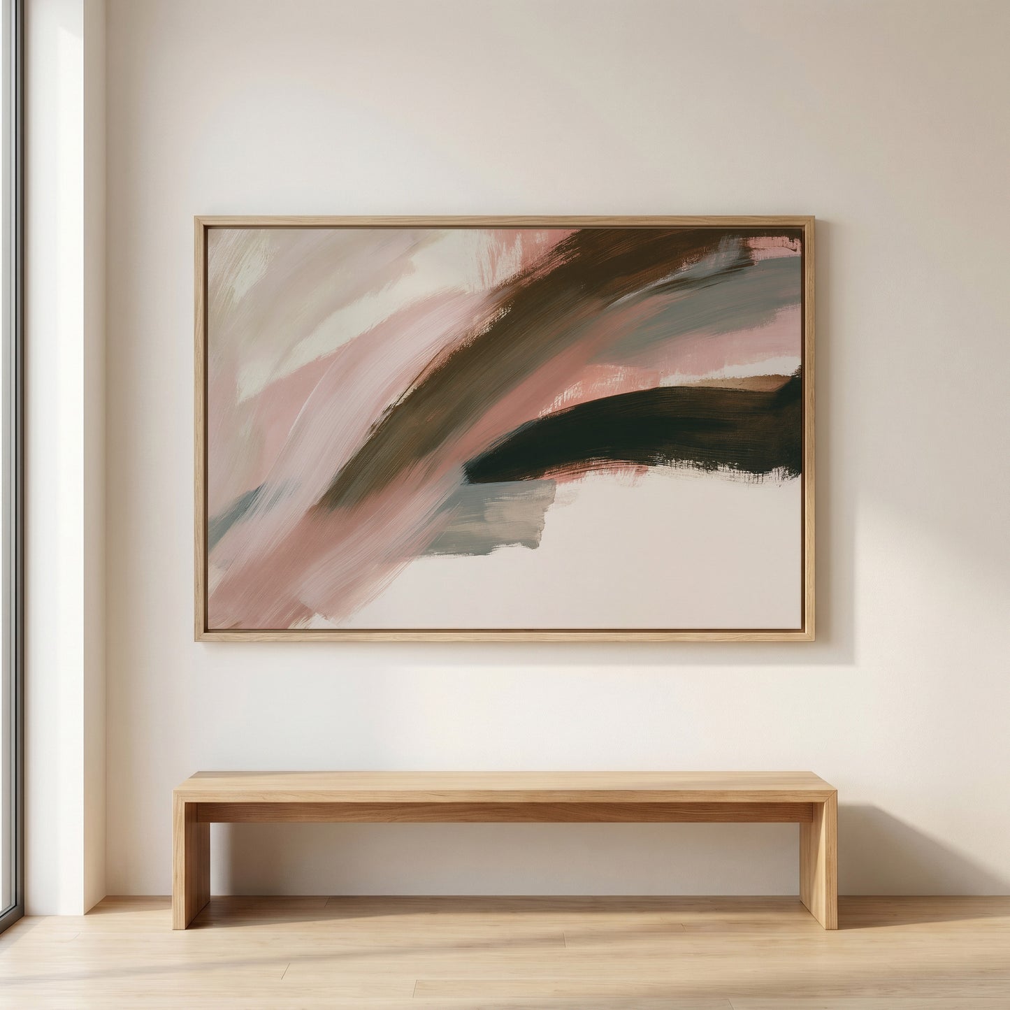 a large abstract painting hanging on a white wall above a wooden bench.