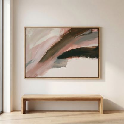 a large abstract painting hanging on a white wall above a wooden bench.