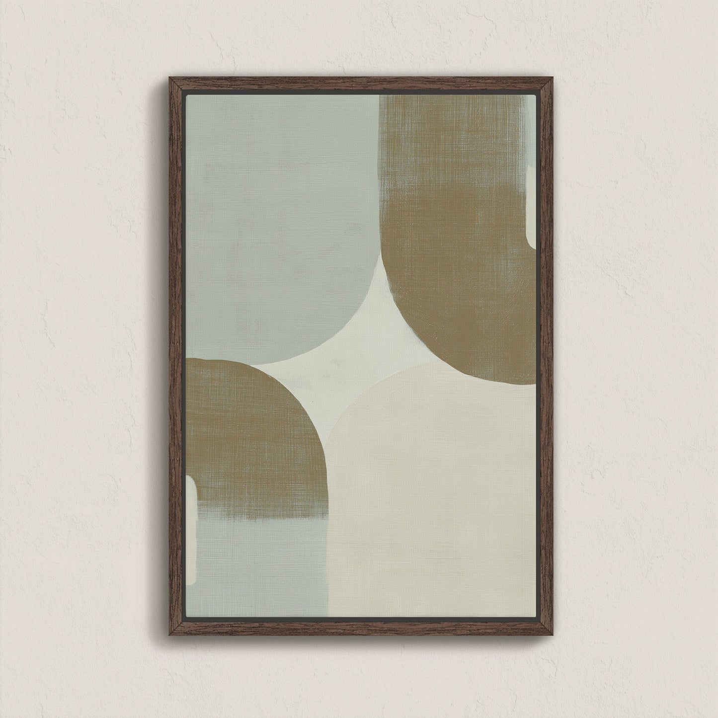 Minimalist Forma Canvas Art with muted sage, ivory, and taupe geometric curves in a walnut frame