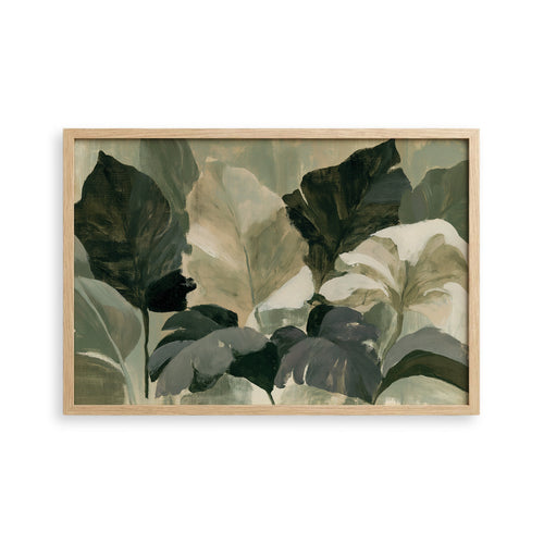 The image is a framed painting depicting a lush, green plant with large leaves, creating a sense of depth and texture.
