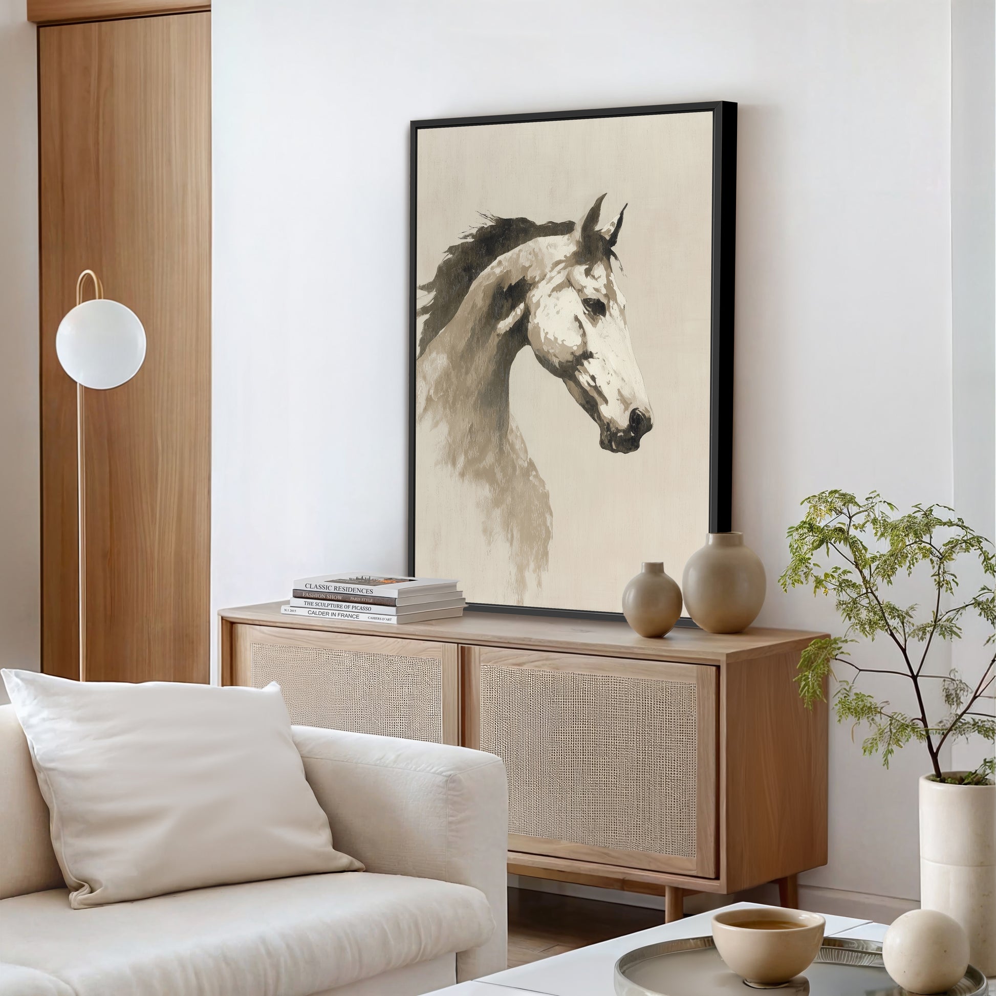 a living room with a large painting of a horse's head on the wall, a white sofa, a wooden cabinet, and a potted plant.