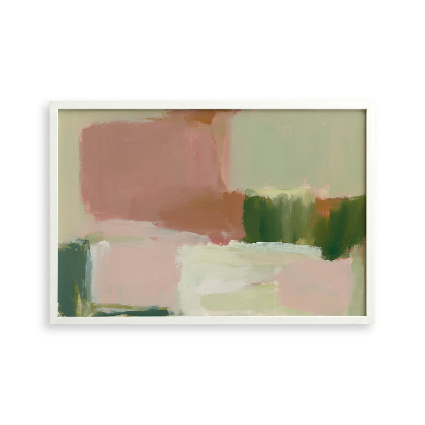 The image is an abstract painting with a mix of pink, green, and white colors.