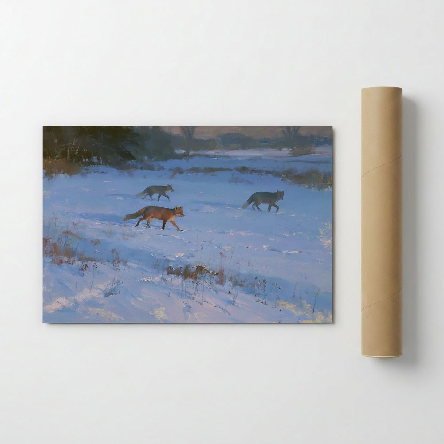 A painting of three foxes walking through a snowy field, with a tube of paper on the right side of the frame.
